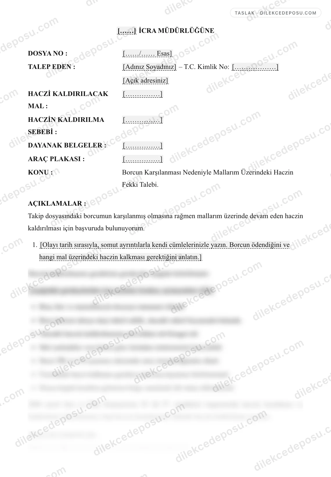 Haciz Fekki (Kaldırma) Dilekçesi Örneği – taslağın ilk bölümünün önizlemesi