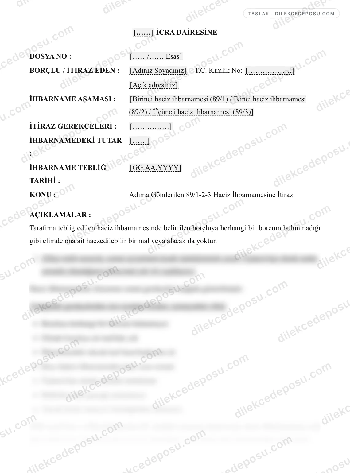 Haciz İhbarnamesine (89/1-2-3) İtiraz Dilekçesi Örneği – taslağın ilk bölümünün önizlemesi