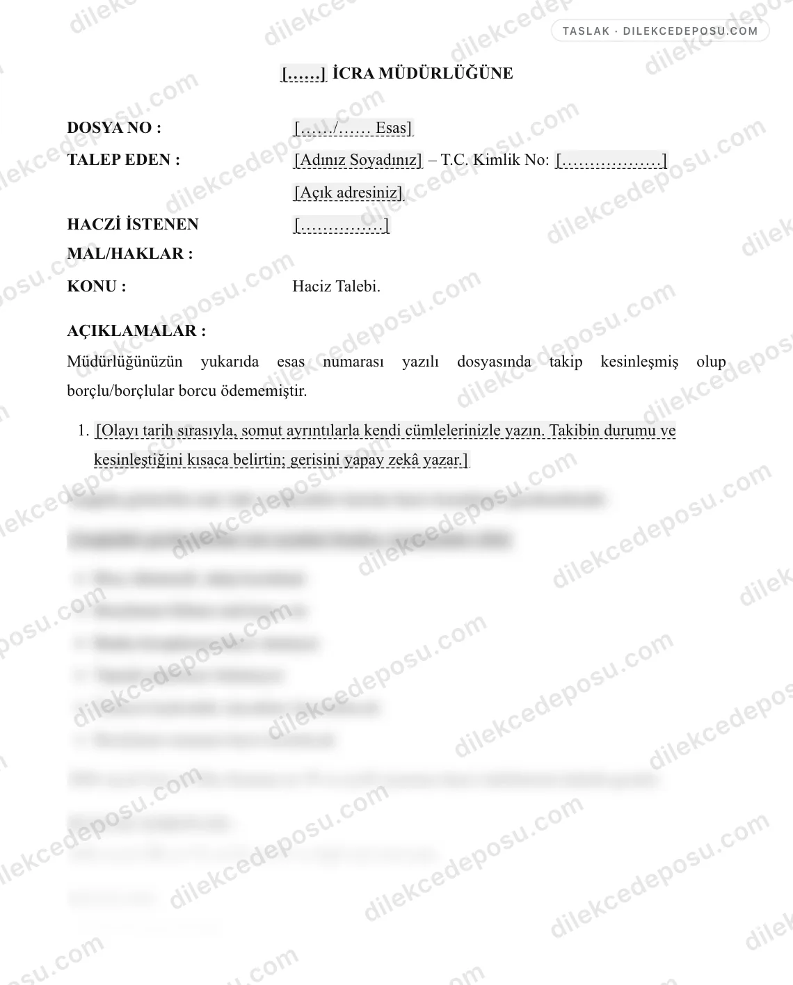 Haciz Talebi Dilekçesi Örneği – taslağın ilk bölümünün önizlemesi