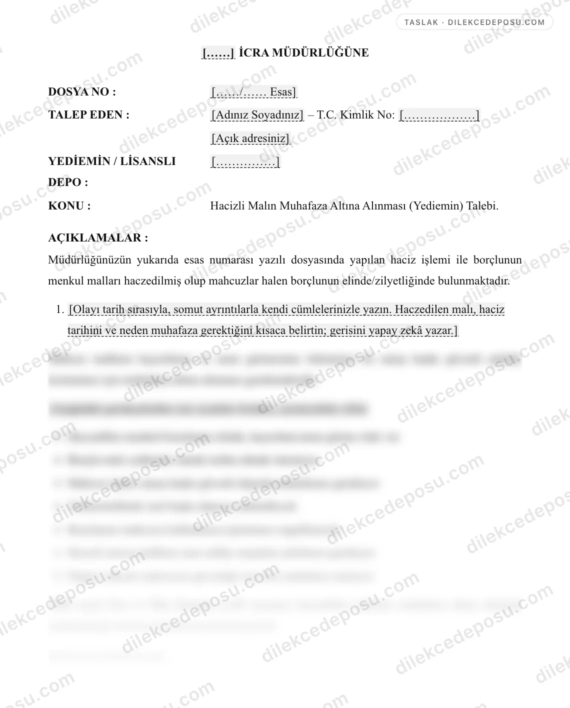 Hacizli Malın Muhafaza Altına Alınması (Yediemin) Talebi Örneği – taslağın ilk bölümünün önizlemesi
