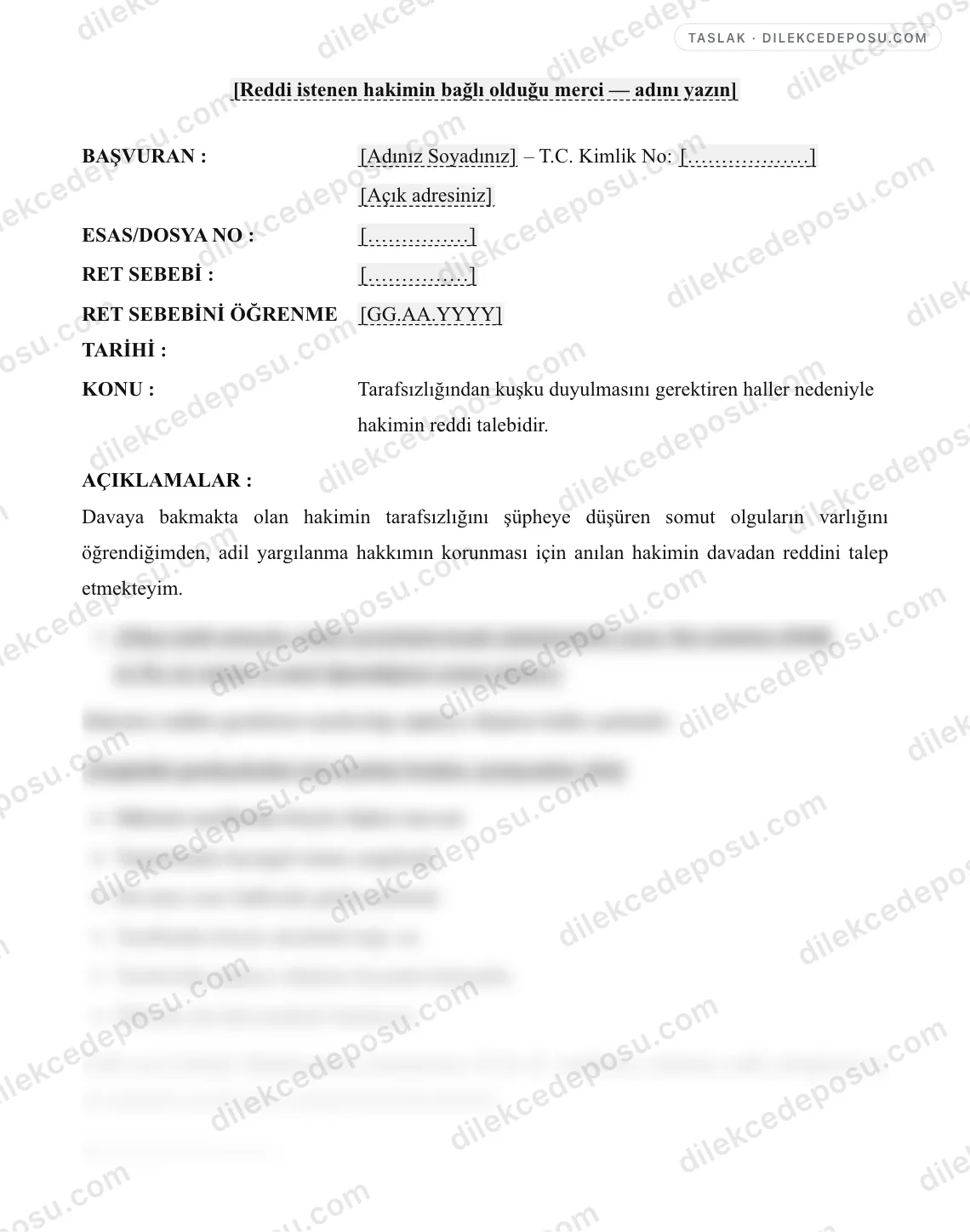 Hakimin Reddi Talebi Dilekçesi Örneği – taslağın ilk bölümünün önizlemesi