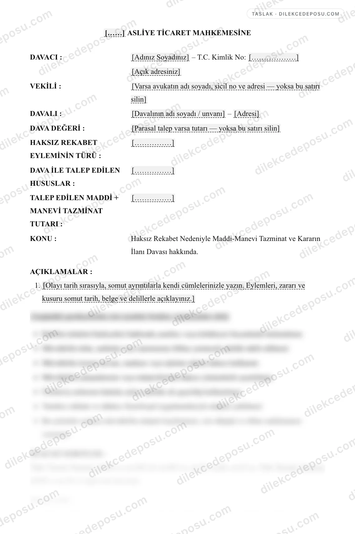 Haksız Rekabet Nedeniyle Maddi-Manevi Tazminat ve Kararın İlanı Davası Örneği – taslağın ilk bölümünün önizlemesi