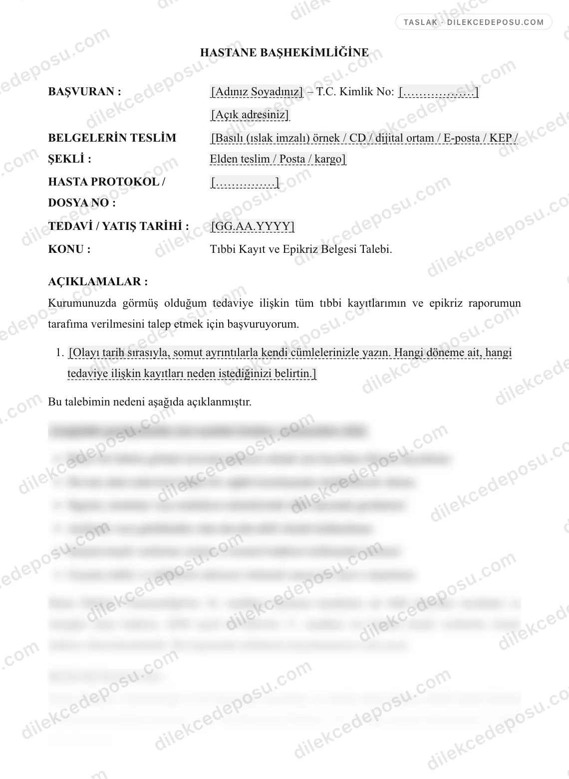 Hasta Tıbbi Kayıt / Dosya (Epikriz) Talebi Örneği – taslağın ilk bölümünün önizlemesi