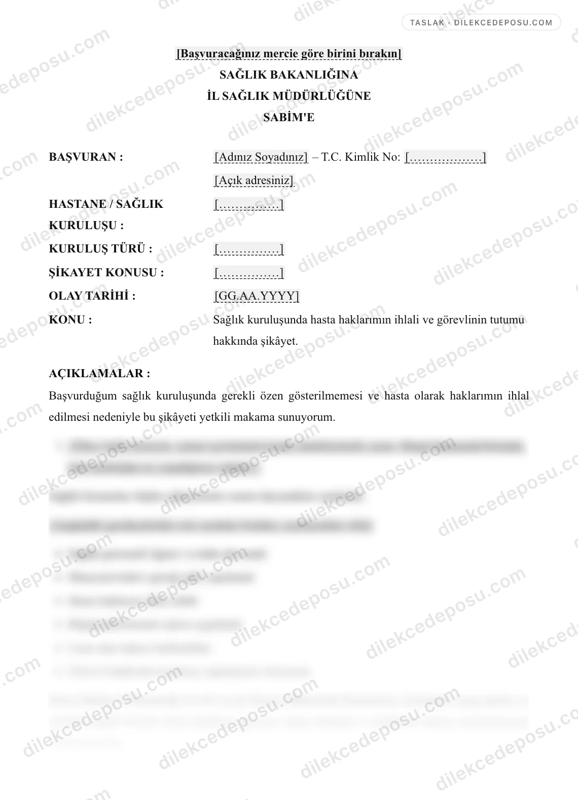Hastane/Doktor Şikayet Dilekçesi Örneği – taslağın ilk bölümünün önizlemesi