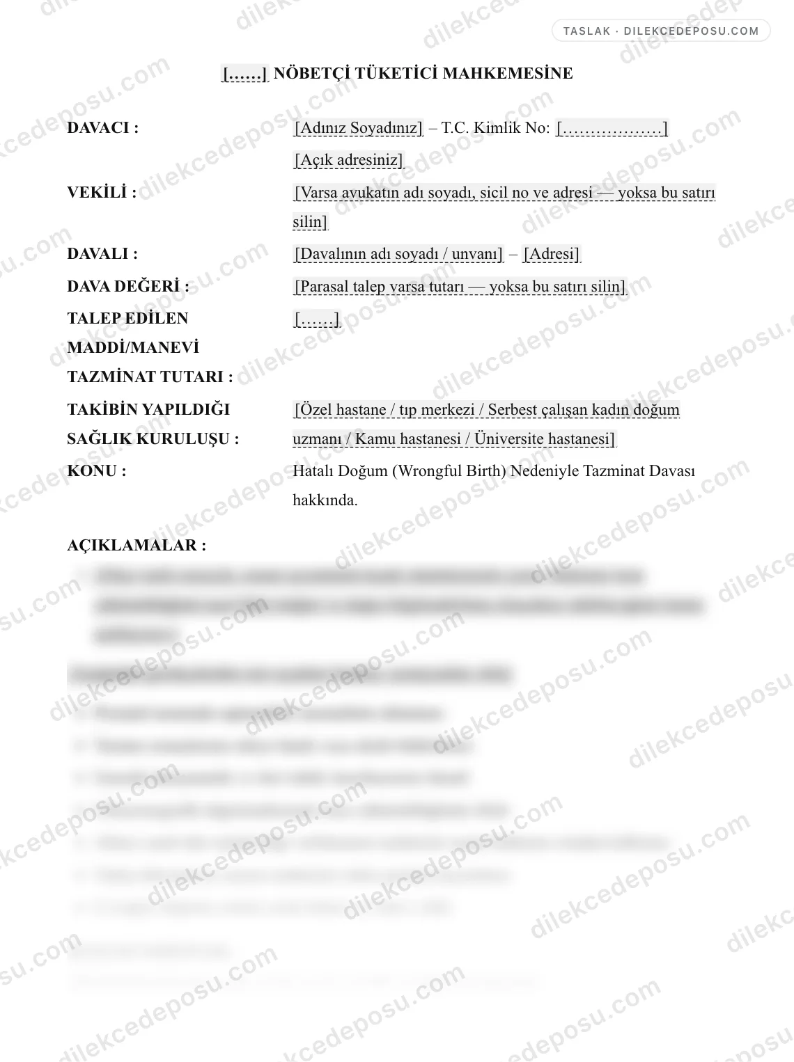 Hatalı Doğum (Wrongful Birth) Nedeniyle Tazminat Davası Dilekçesi Örneği – taslağın ilk bölümünün önizlemesi