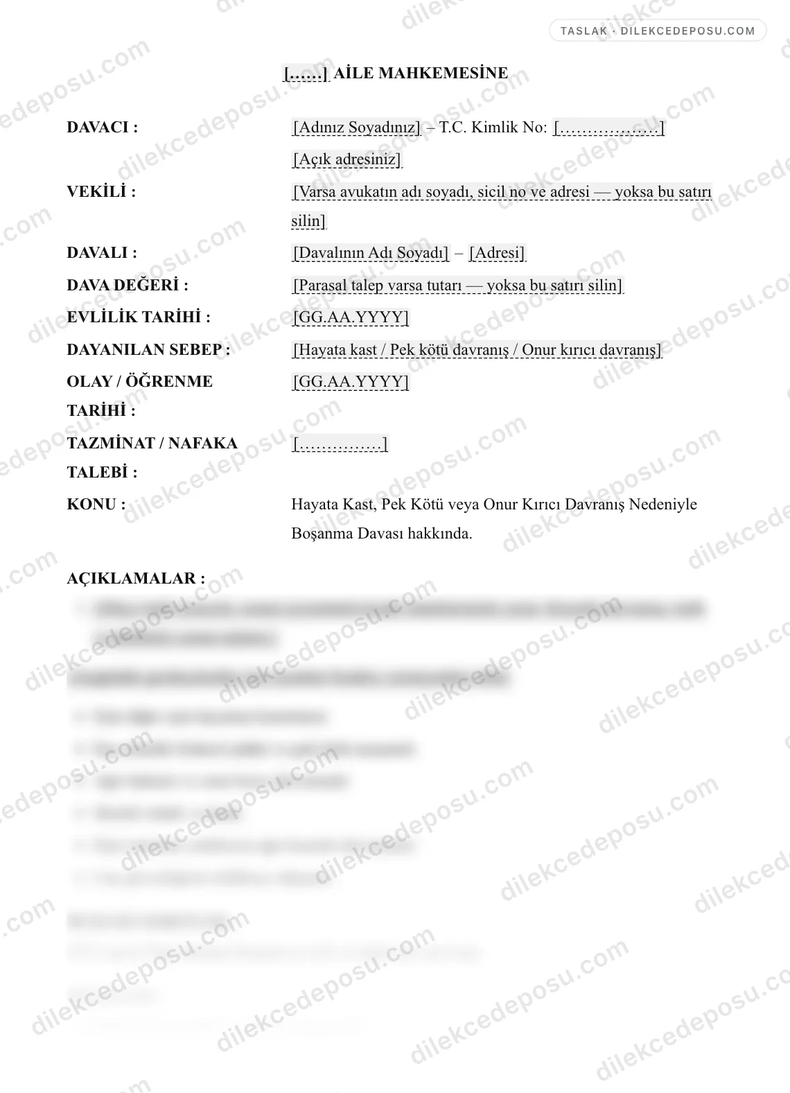 Hayata Kast, Pek Kötü veya Onur Kırıcı Davranış Nedeniyle Boşanma Davası Örneği – taslağın ilk bölümünün önizlemesi
