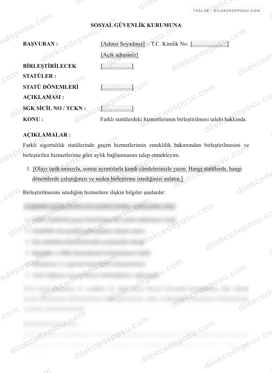 Hizmet Birleştirme (4/a-4/b-4/c) Talep Dilekçesi Örneği – taslağın ilk bölümünün önizlemesi