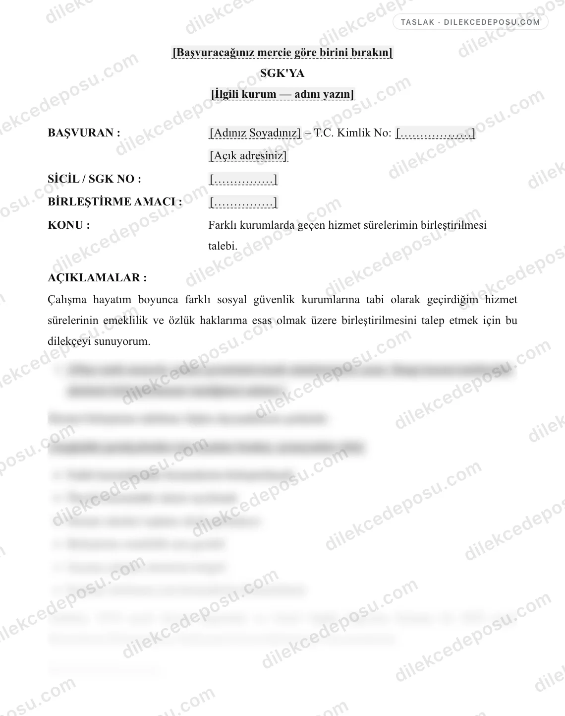 Hizmet Birleştirme Dilekçesi Örneği – taslağın ilk bölümünün önizlemesi