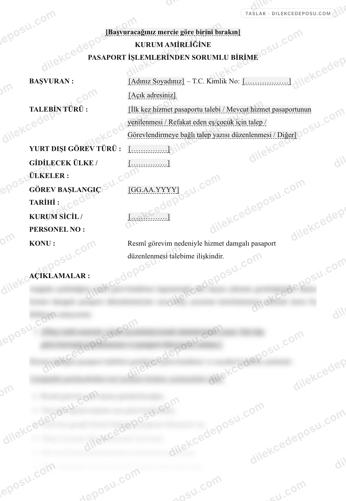 Hizmet Damgalı (Gri) Pasaport Talep Dilekçesi Örneği – taslağın ilk bölümünün önizlemesi