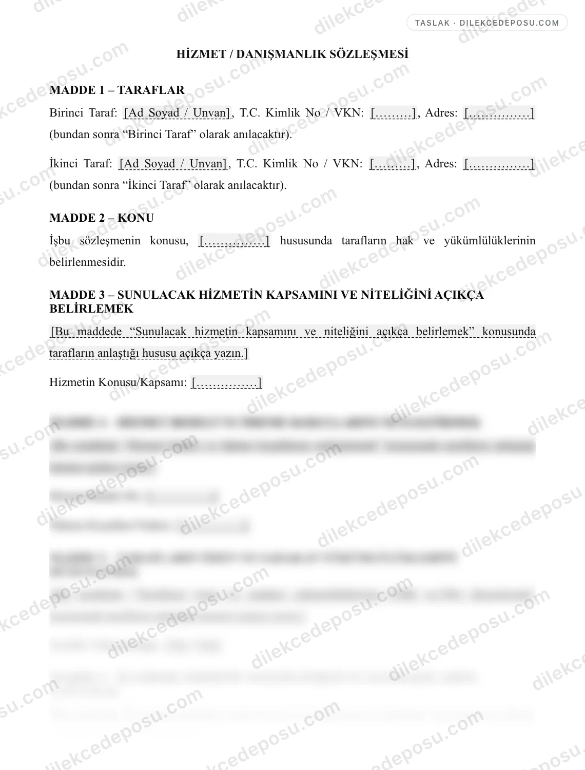 Hizmet / Danışmanlık Sözleşmesi Örneği – taslağın ilk bölümünün önizlemesi