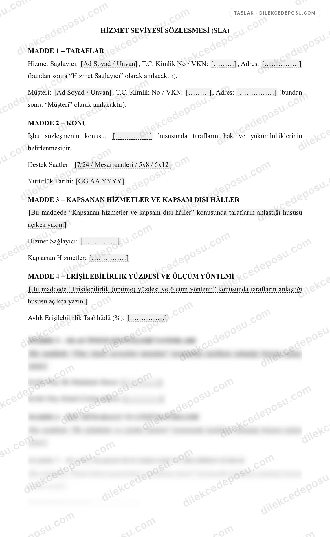 Hizmet Seviyesi Sözleşmesi (SLA) Örneği – taslağın ilk bölümünün önizlemesi