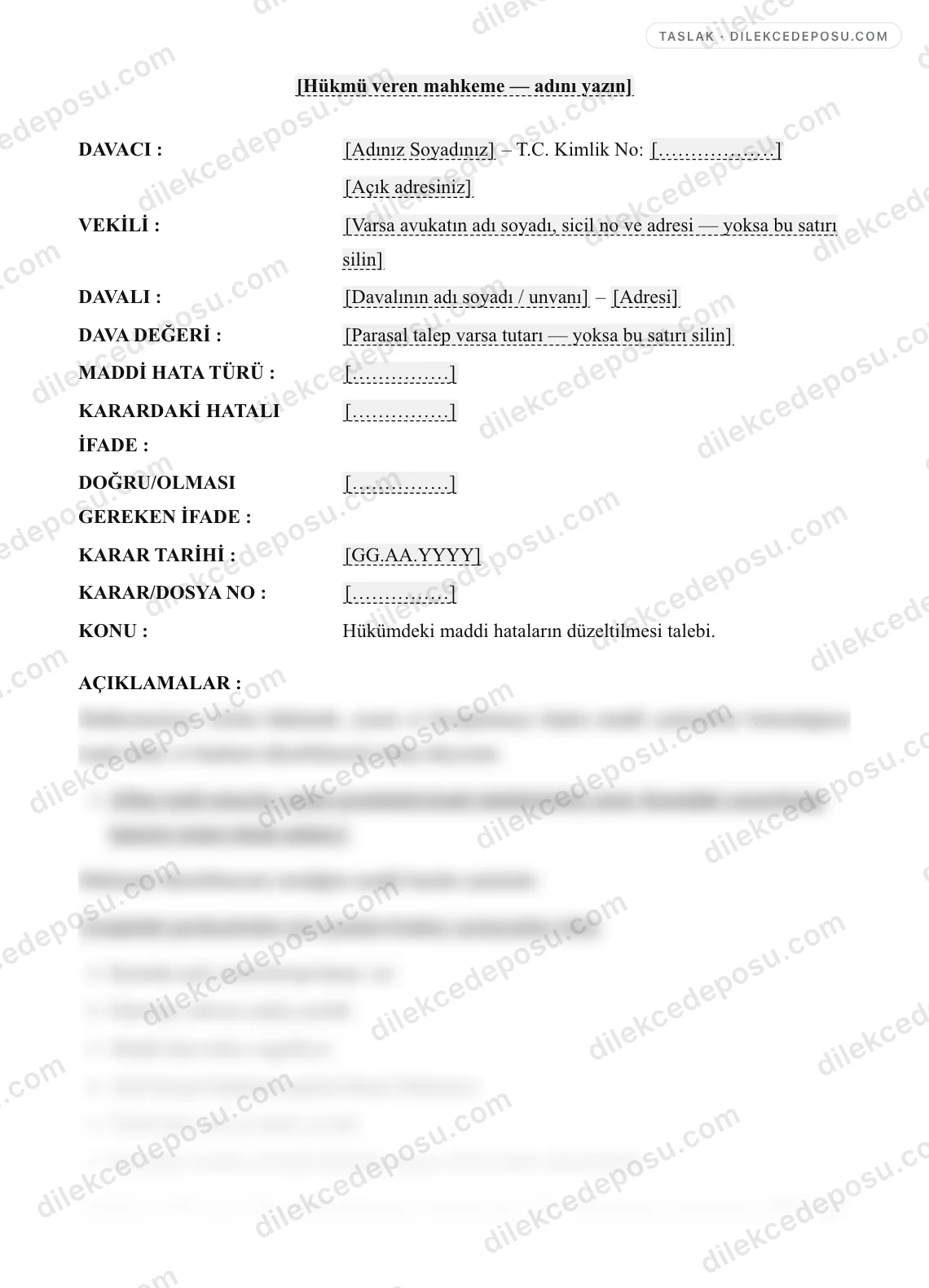 Hükümde Maddi Hata Düzeltilmesi Talebi Örneği – taslağın ilk bölümünün önizlemesi