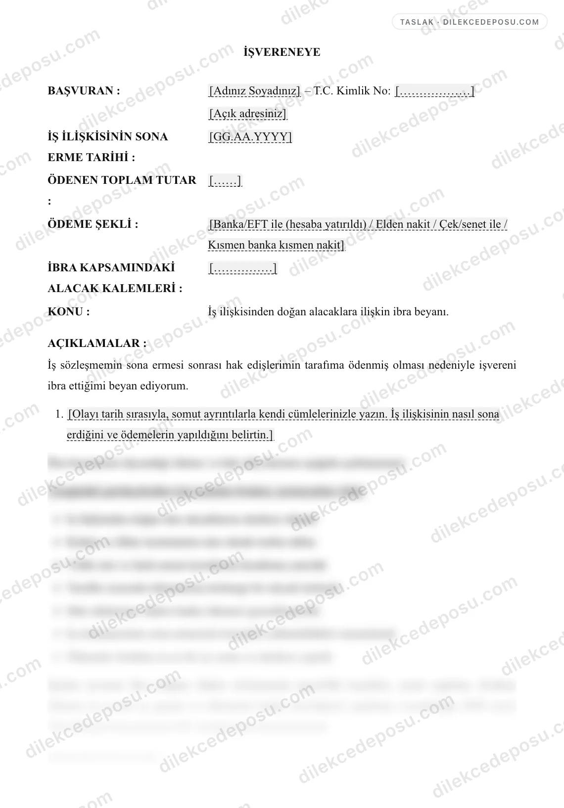 İbraname (İşçi-İşveren) Dilekçesi Örneği – taslağın ilk bölümünün önizlemesi