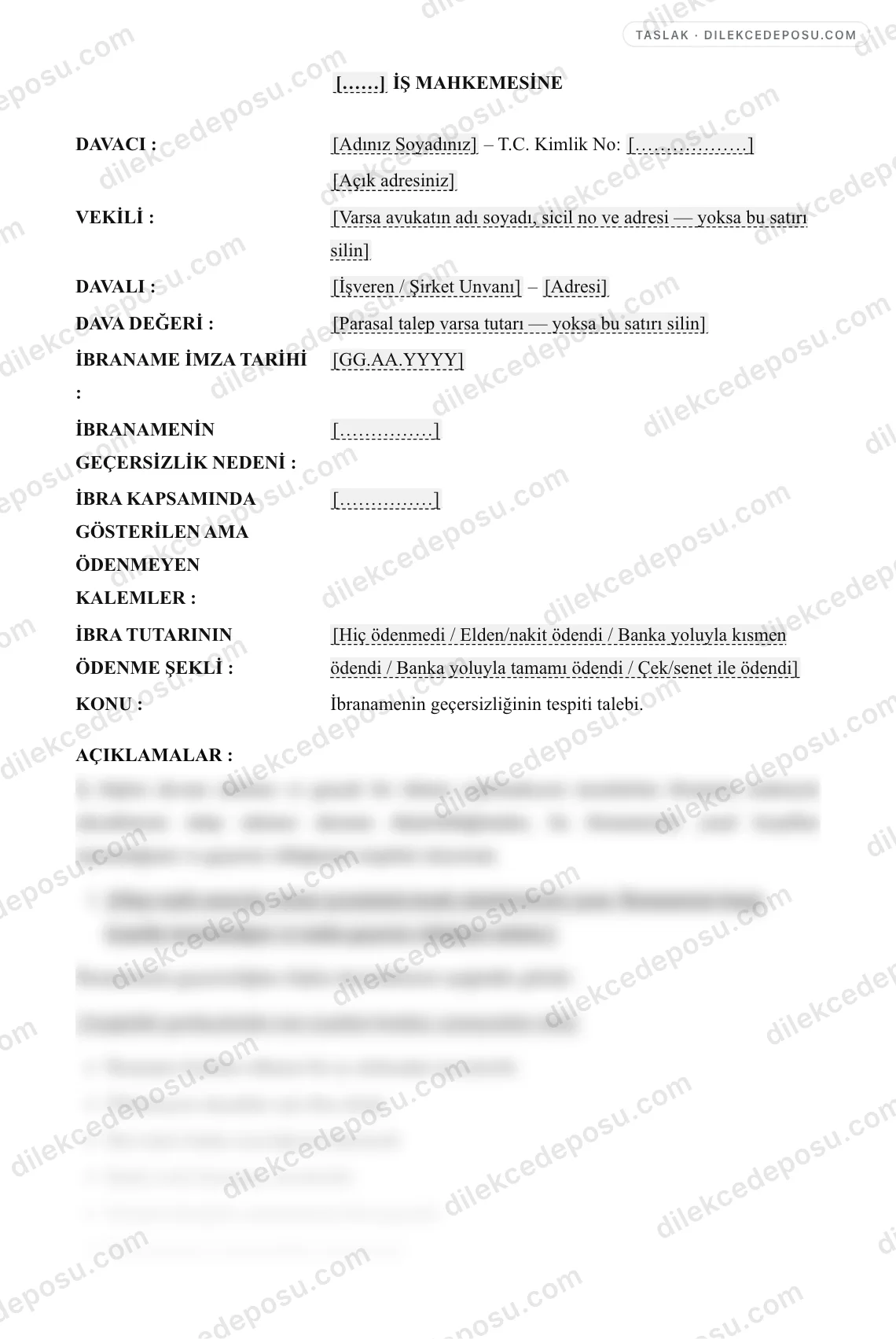 İbranamenin İptali/Geçersizliği Davası Örneği – taslağın ilk bölümünün önizlemesi