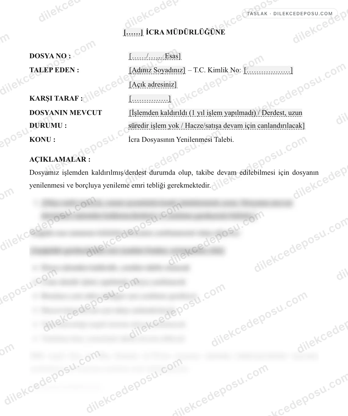 İcra Dosyasının Yenilenmesi Talebi Örneği – taslağın ilk bölümünün önizlemesi
