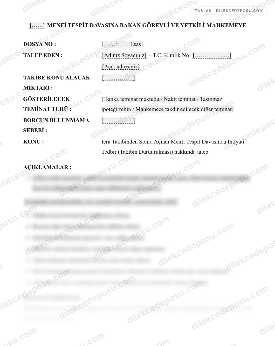 İcra Takibinden Sonra Açılan Menfi Tespit Davasında İhtiyati Tedbir (Takibin Durdurulması) Talebi Örneği – taslağın ilk bölümünün önizlemesi