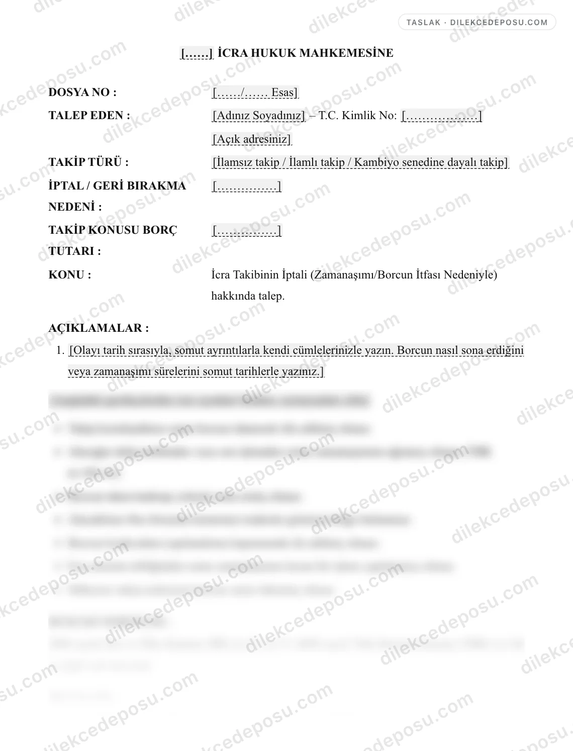 İcra Takibinin İptali (Zamanaşımı/Borcun İtfası Nedeniyle) Talebi Dilekçesi (İİK m.71) Örneği – taslağın ilk bölümünün önizlemesi