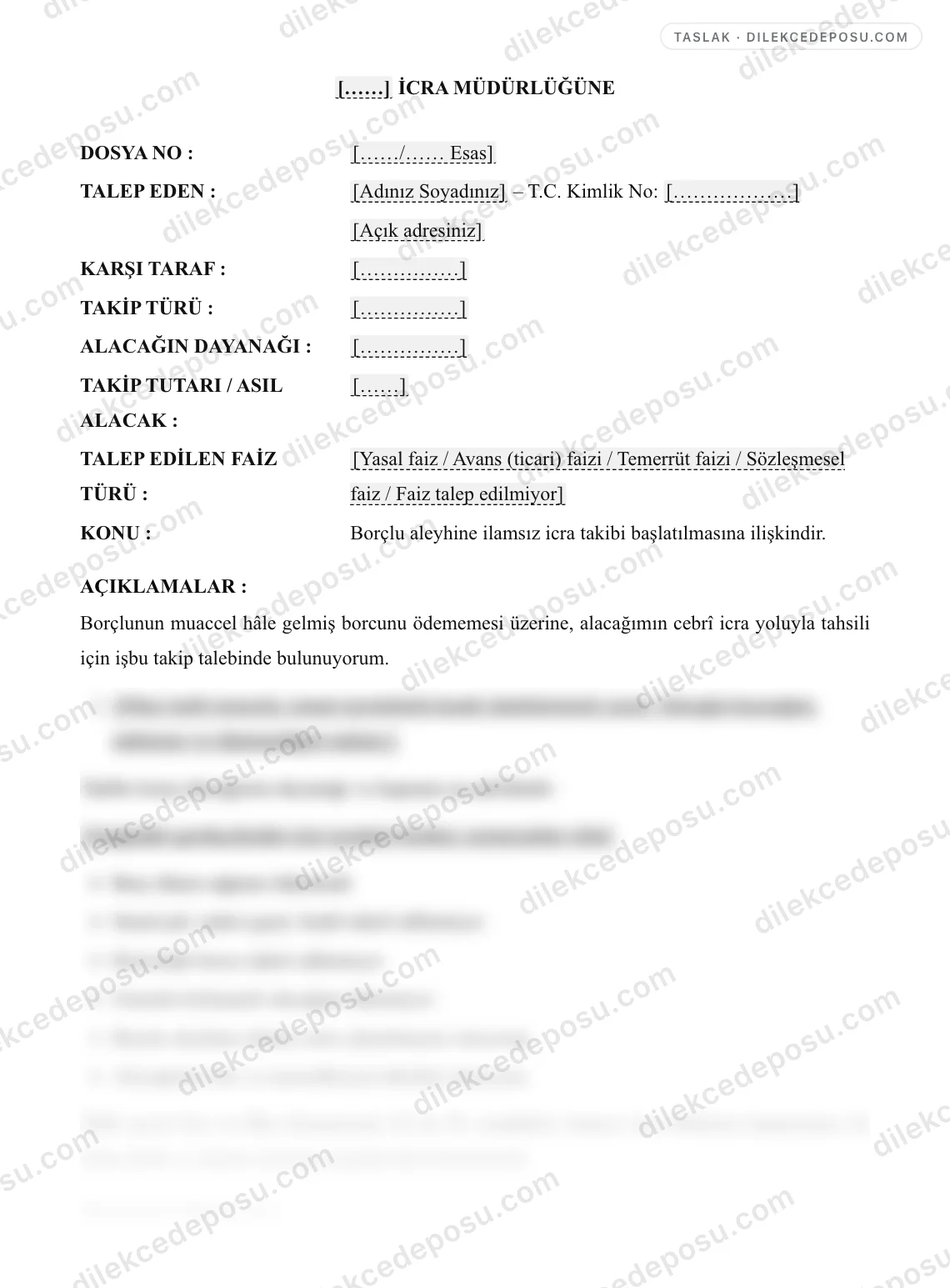 İcra Takip Talebi Örneği – taslağın ilk bölümünün önizlemesi