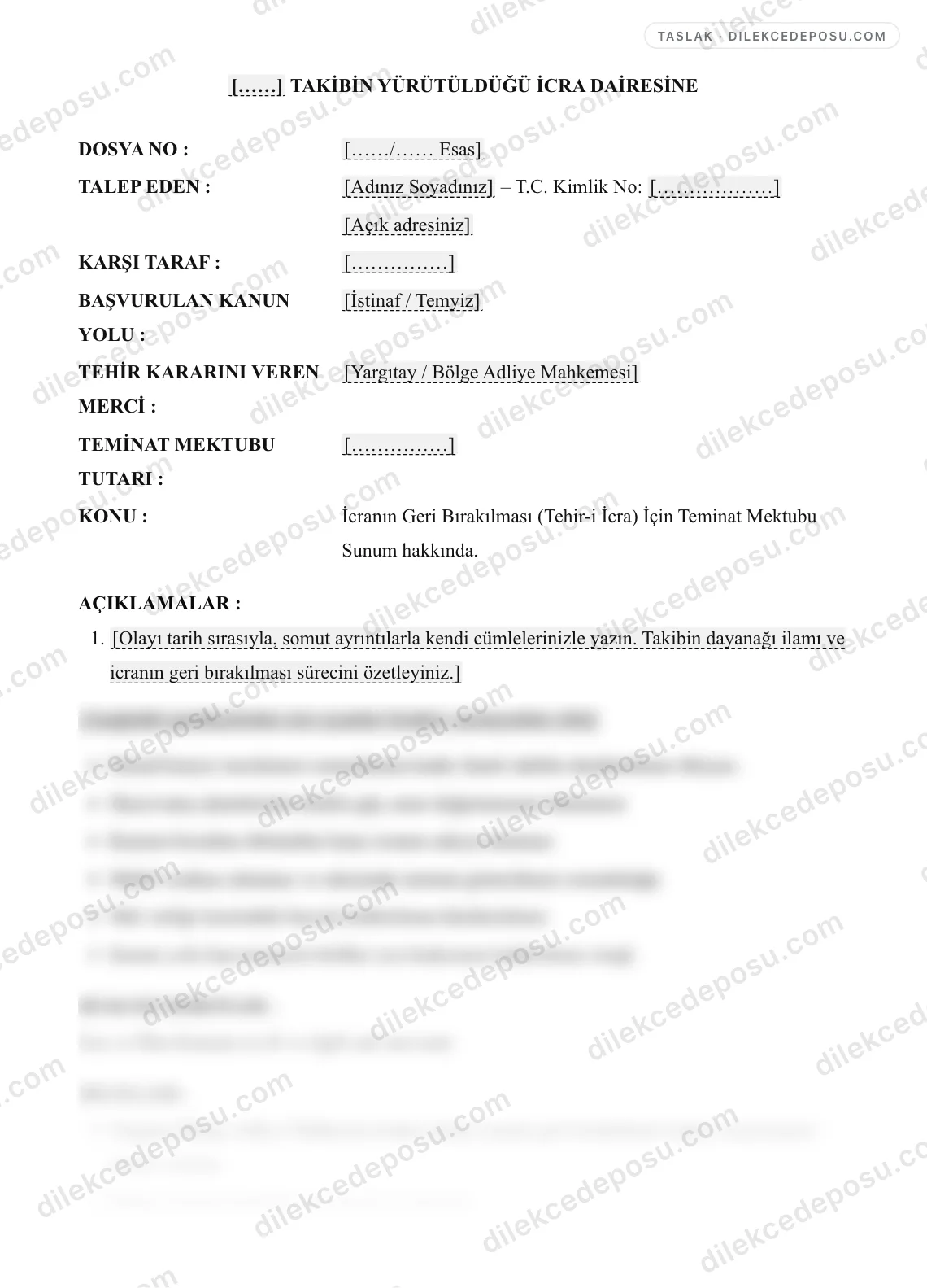 İcranın Geri Bırakılması (Tehir-i İcra) İçin Teminat Mektubu Sunum Dilekçesi Örneği – taslağın ilk bölümünün önizlemesi