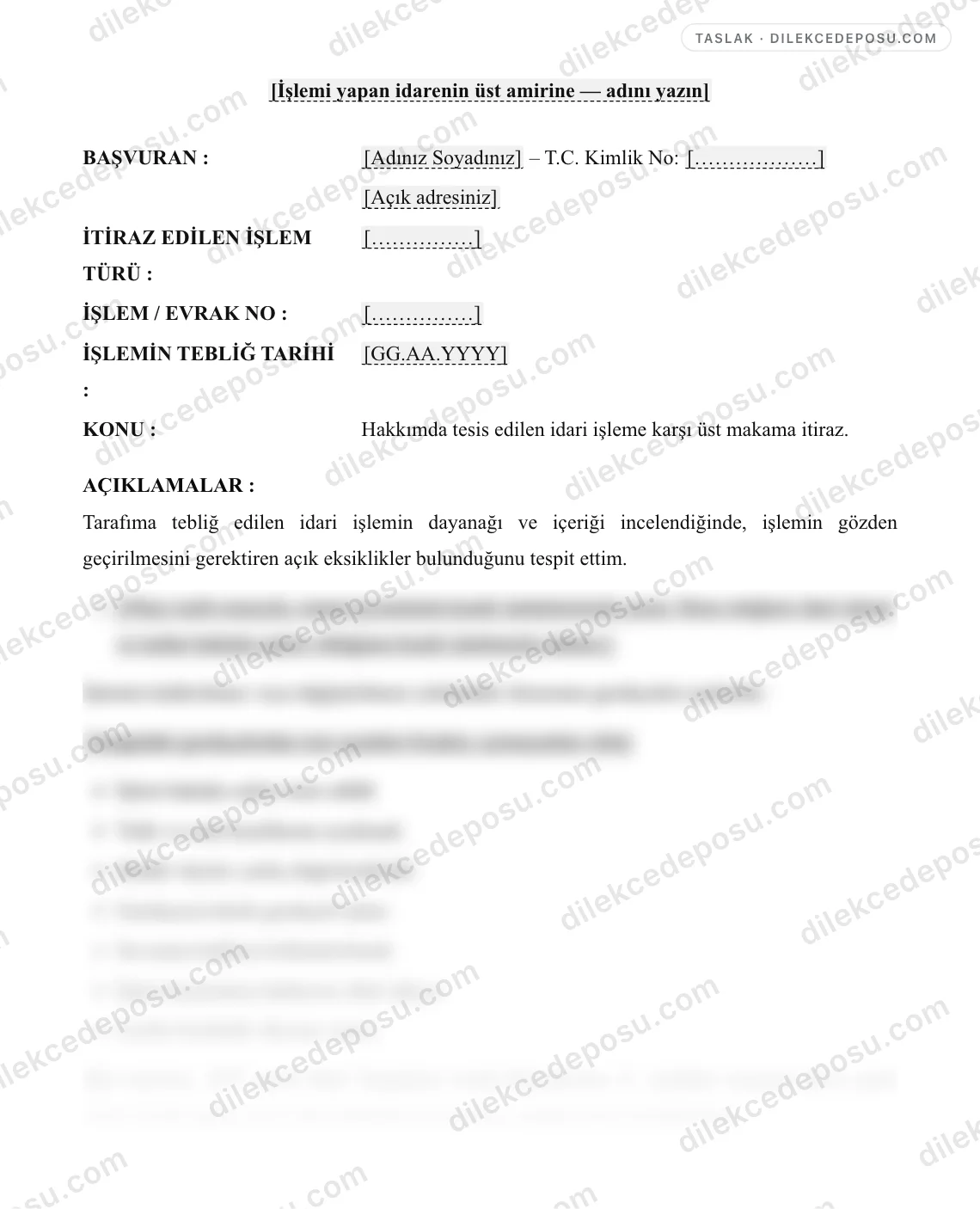 İdari İşlem İtirazı (Üst Makama) Örneği – taslağın ilk bölümünün önizlemesi