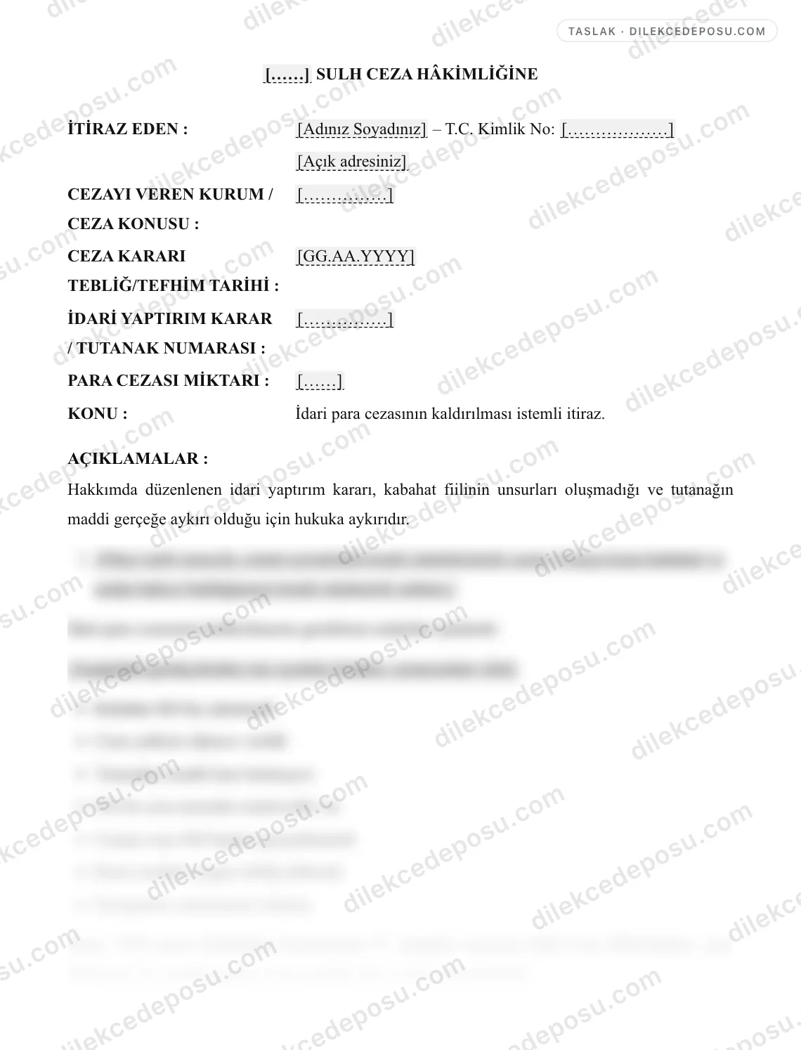 İdari Para Cezasının İptali (İtiraz) Örneği – taslağın ilk bölümünün önizlemesi