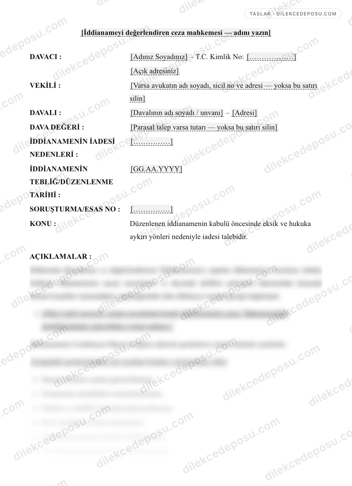 İddianamenin İadesi Talebi Örneği – taslağın ilk bölümünün önizlemesi