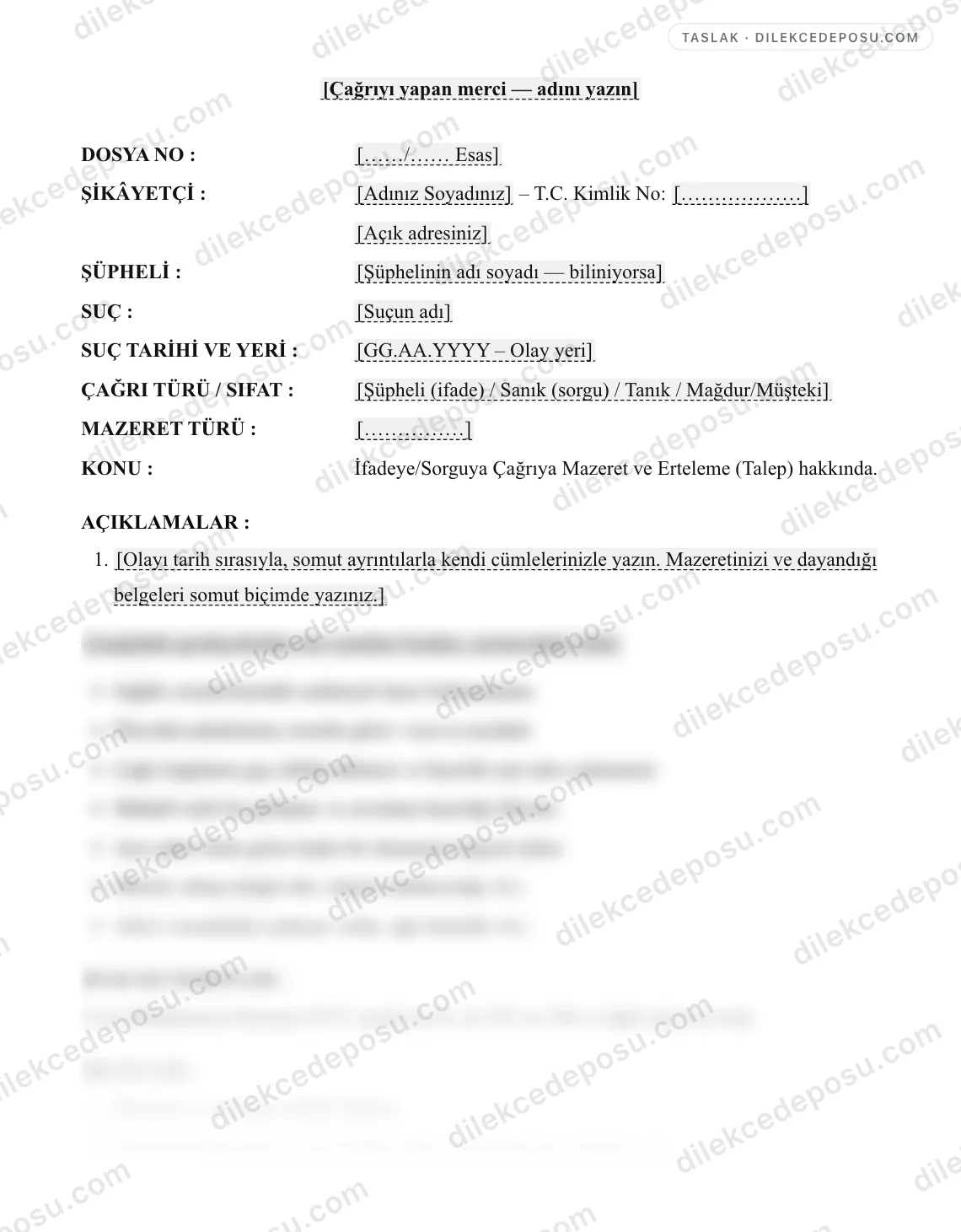 İfadeye/Sorguya Çağrıya Mazeret ve Erteleme (Talep) Dilekçesi Örneği – taslağın ilk bölümünün önizlemesi