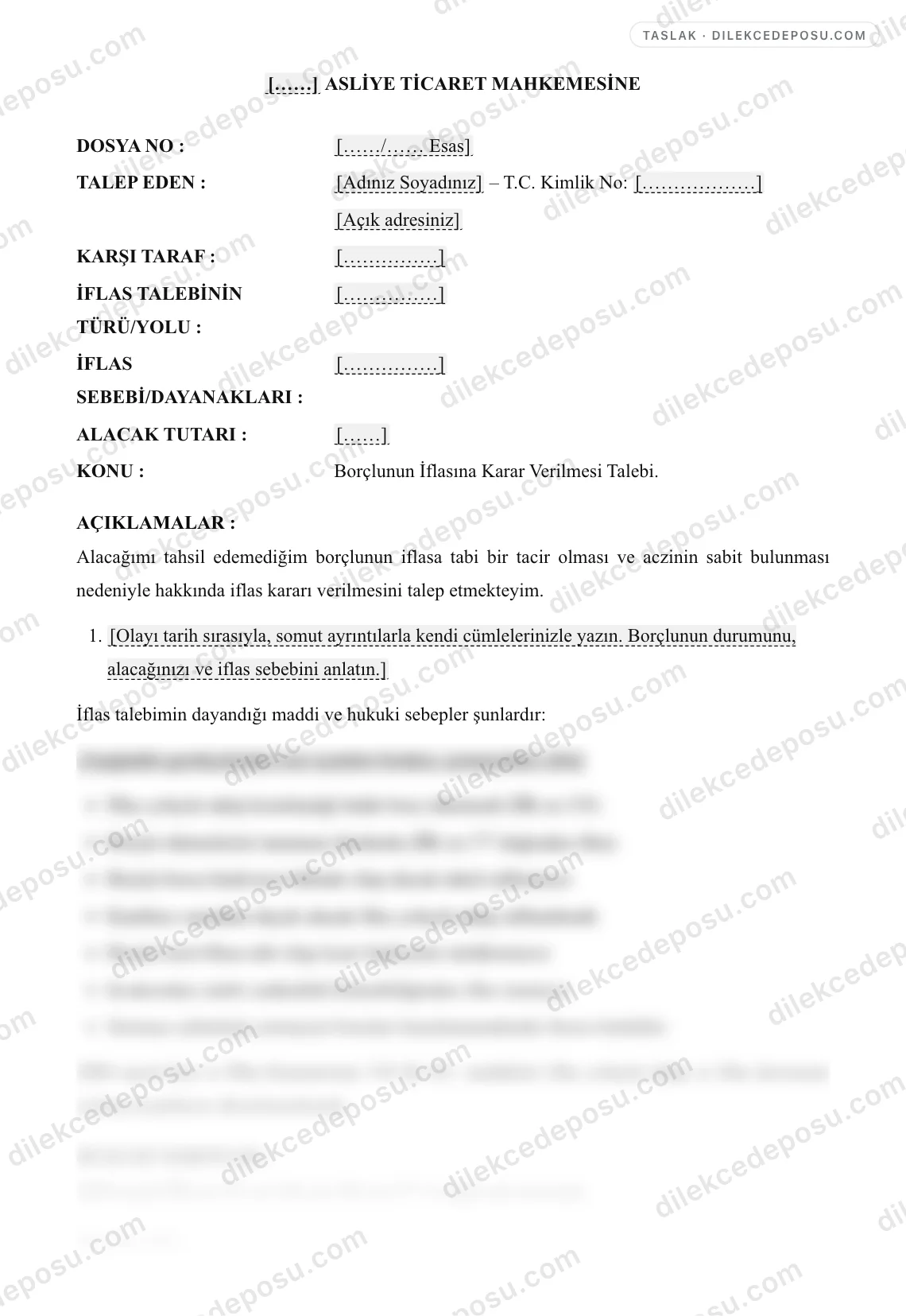 İflas Talep Dilekçesi Örneği – taslağın ilk bölümünün önizlemesi