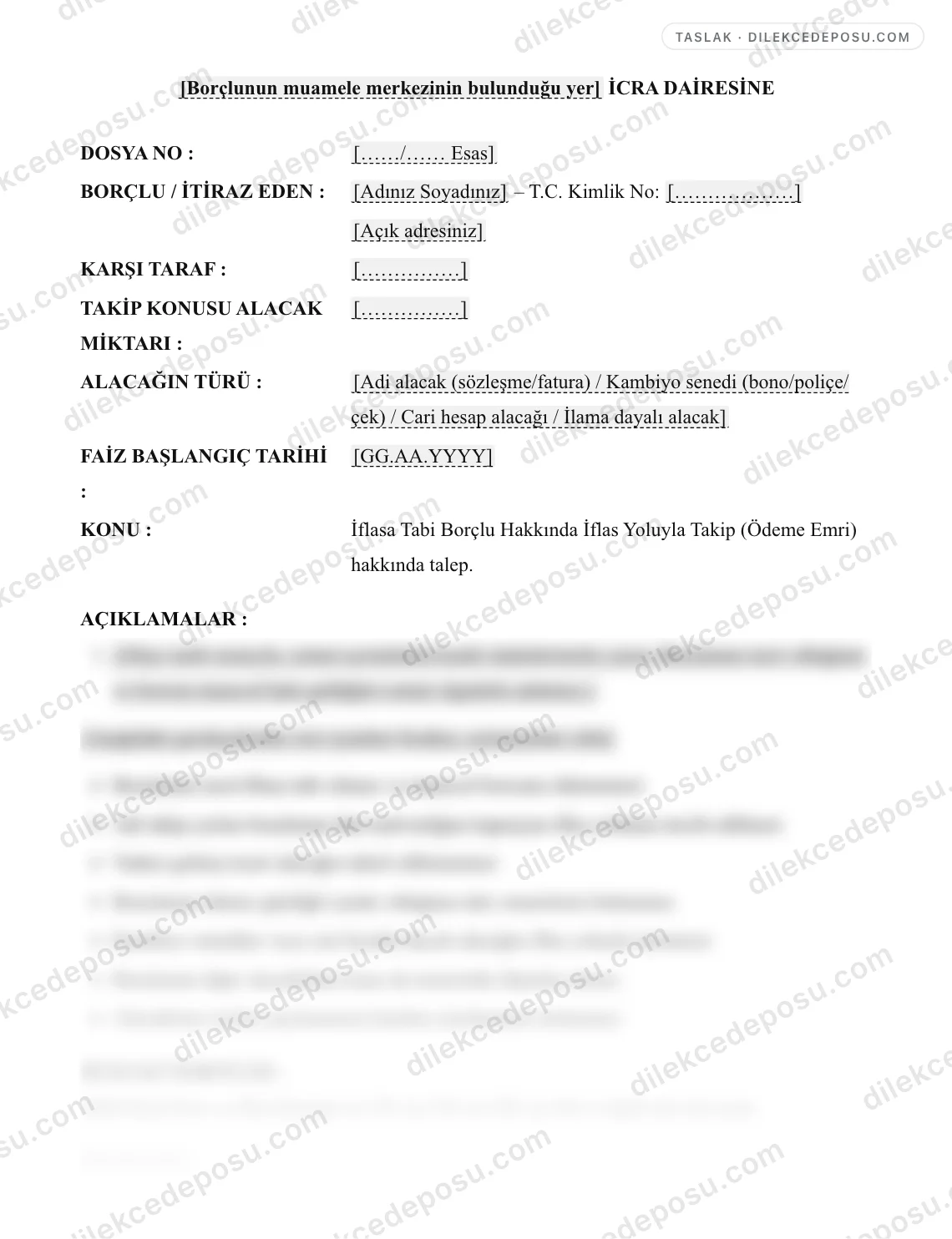 İflasa Tabi Borçlu Hakkında İflas Yoluyla Takip (Ödeme Emri) Talebi Örneği – taslağın ilk bölümünün önizlemesi