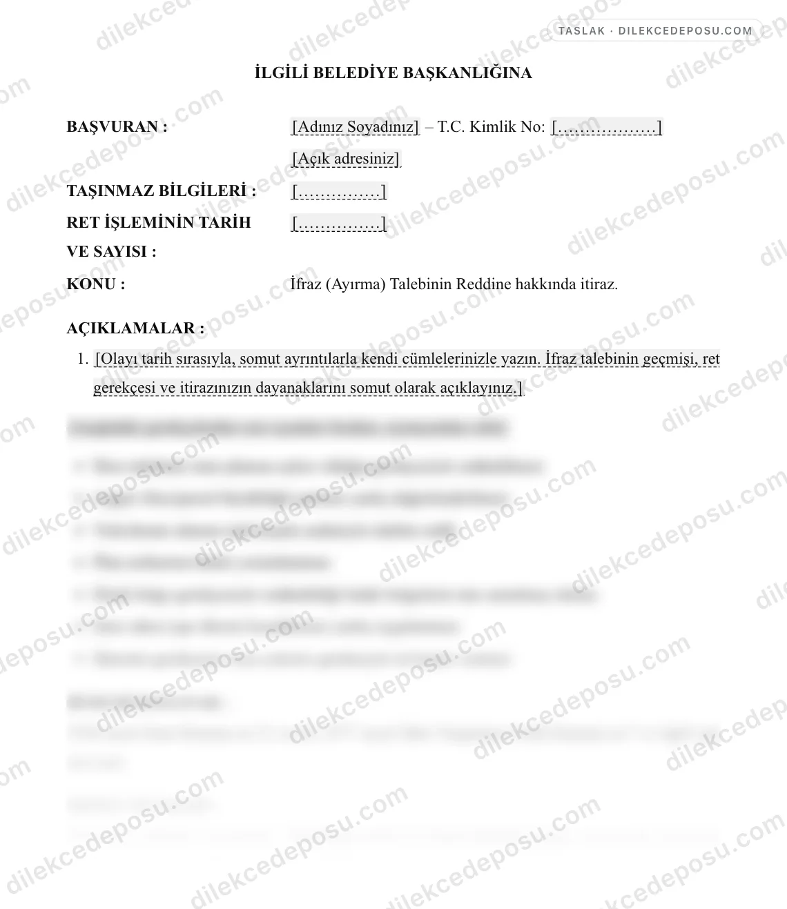 İfraz (Ayırma) Talebinin Reddine İtiraz Dilekçesi Örneği – taslağın ilk bölümünün önizlemesi