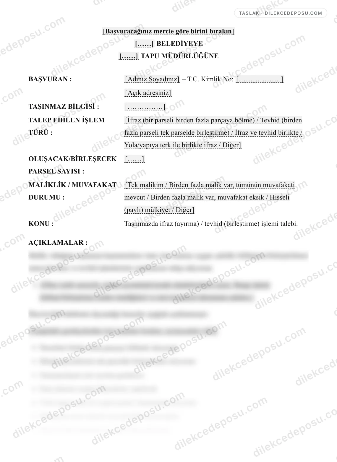 İfraz/Tevhid (Bölme/Birleştirme) Dilekçesi Örneği – taslağın ilk bölümünün önizlemesi