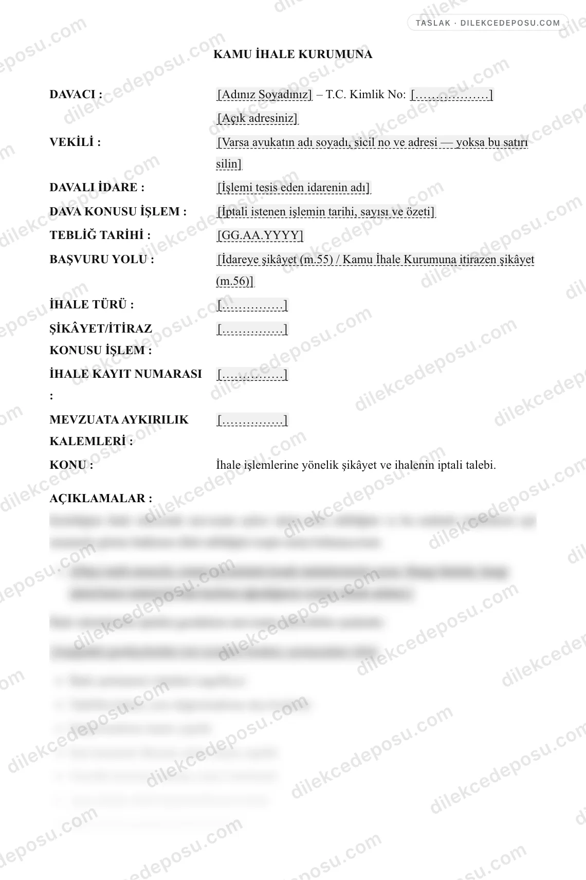 İhale İptal Dilekçesi Örneği – taslağın ilk bölümünün önizlemesi