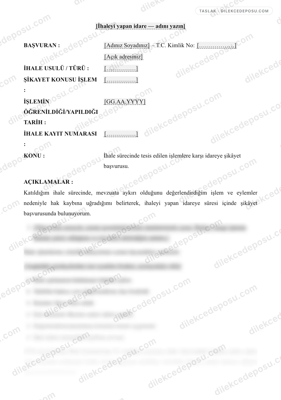 İhaleye Şikayet Başvurusu (İdareye) Örneği – taslağın ilk bölümünün önizlemesi