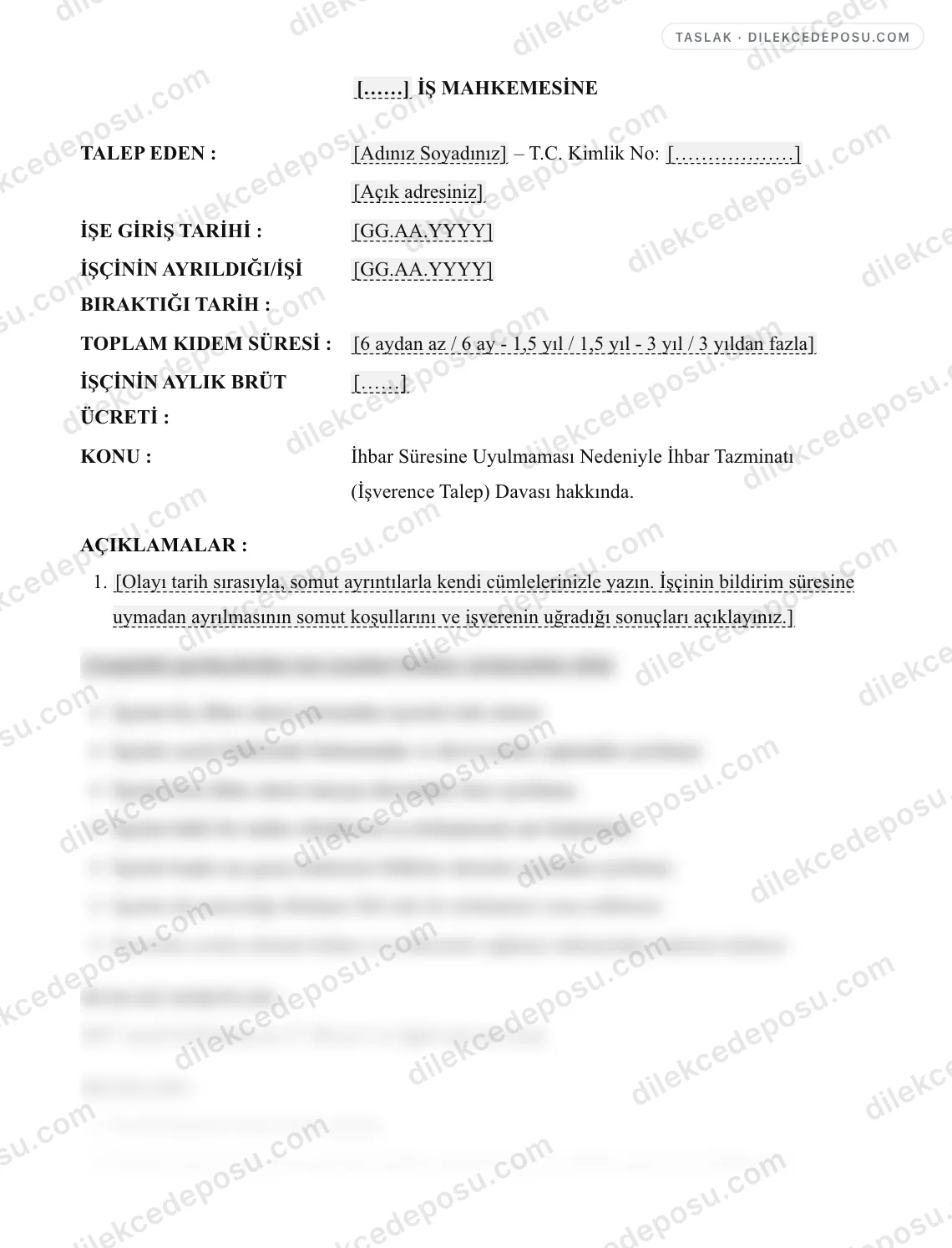İhbar Süresine Uyulmaması Nedeniyle İhbar Tazminatı (İşverence Talep) Davası Örneği – taslağın ilk bölümünün önizlemesi