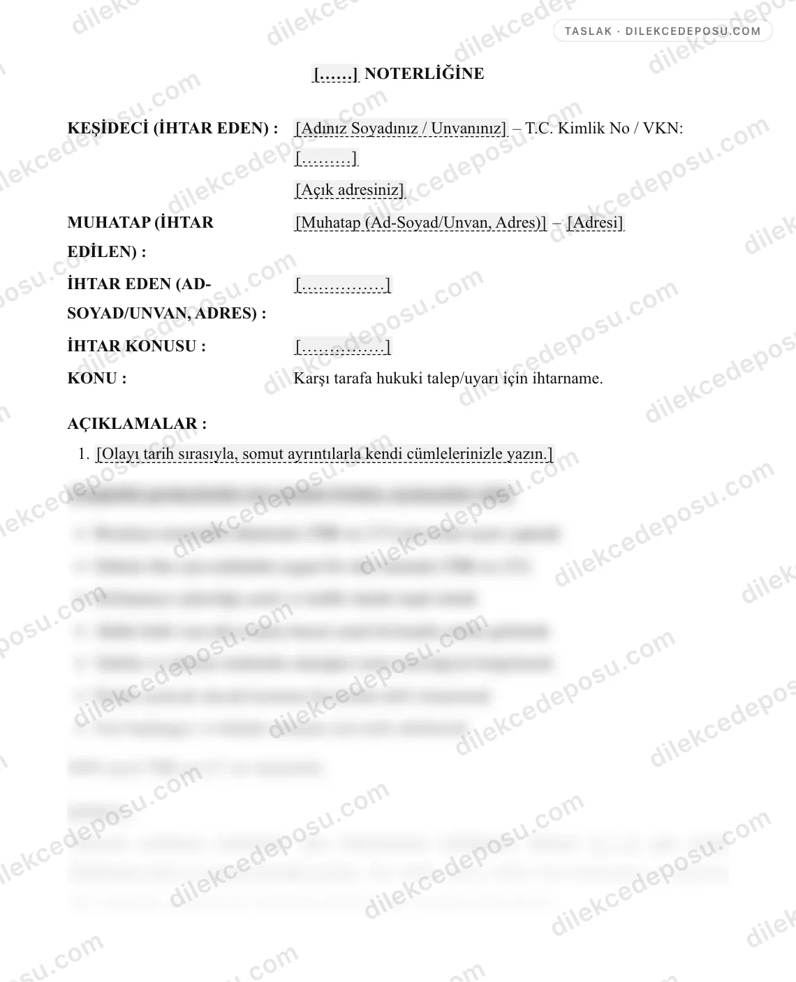 İhtarname (Genel) Örneği – taslağın ilk bölümünün önizlemesi