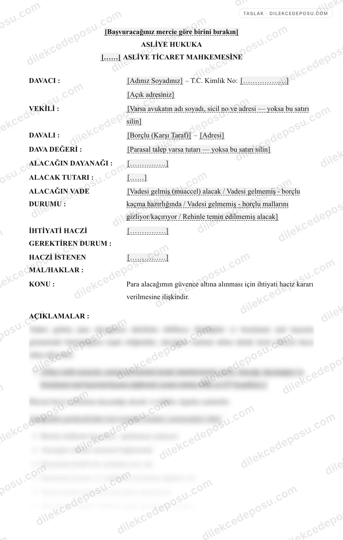 İhtiyati Haciz Dilekçesi Örneği – taslağın ilk bölümünün önizlemesi