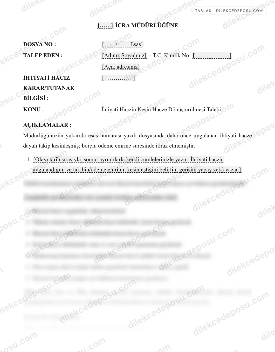 İhtiyati Haczin Kesin Hacze Dönüştürülmesi Talebi Örneği – taslağın ilk bölümünün önizlemesi