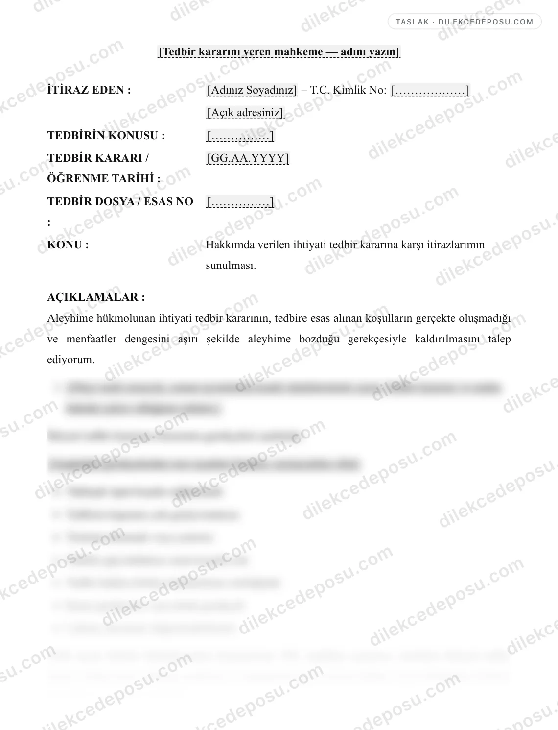 İhtiyati Tedbir Kararına İtiraz Dilekçesi (HMK) Örneği – taslağın ilk bölümünün önizlemesi
