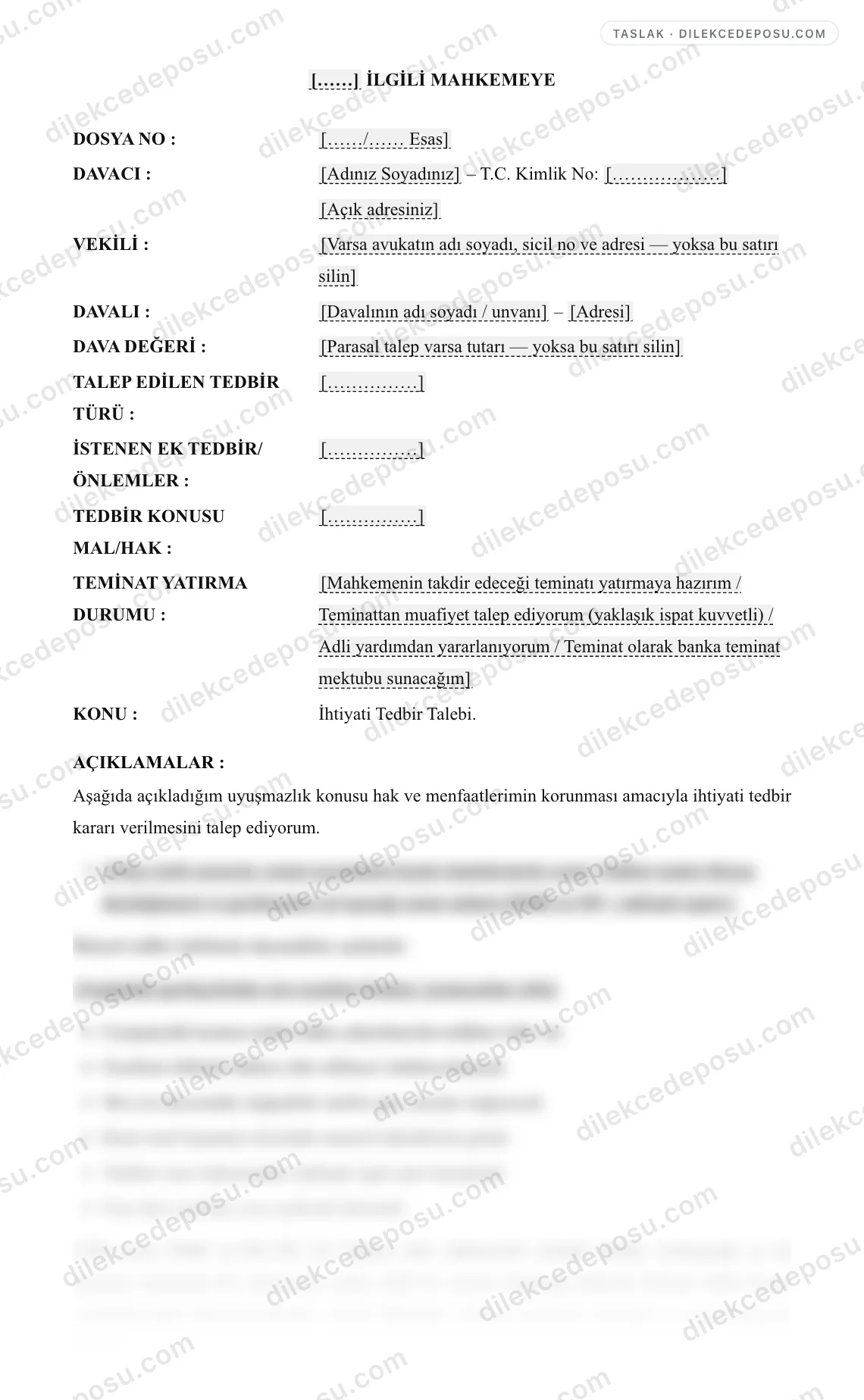 İhtiyati Tedbir Talebi Dilekçesi Örneği – taslağın ilk bölümünün önizlemesi