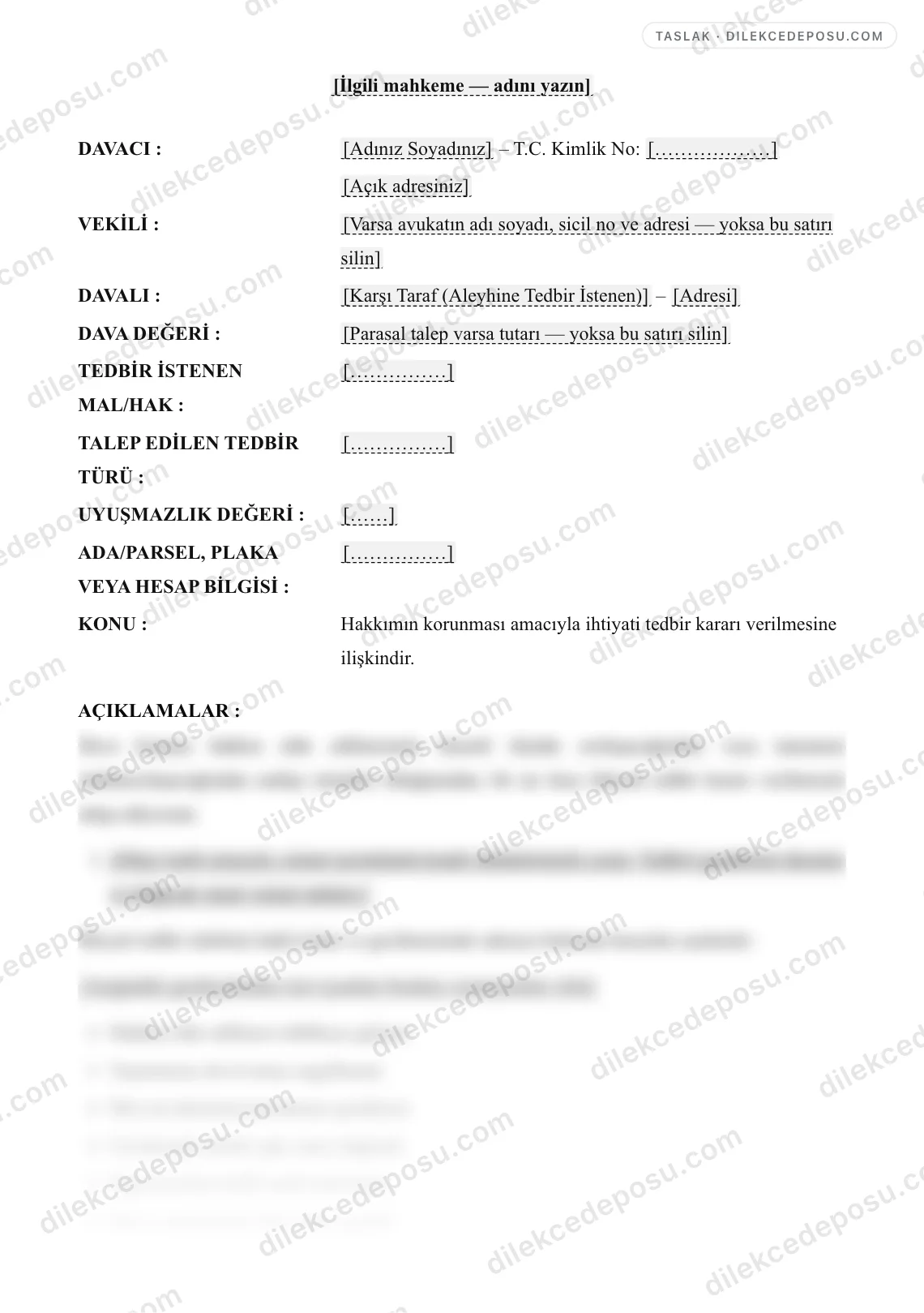 İhtiyati Tedbir Talebi Örneği – taslağın ilk bölümünün önizlemesi