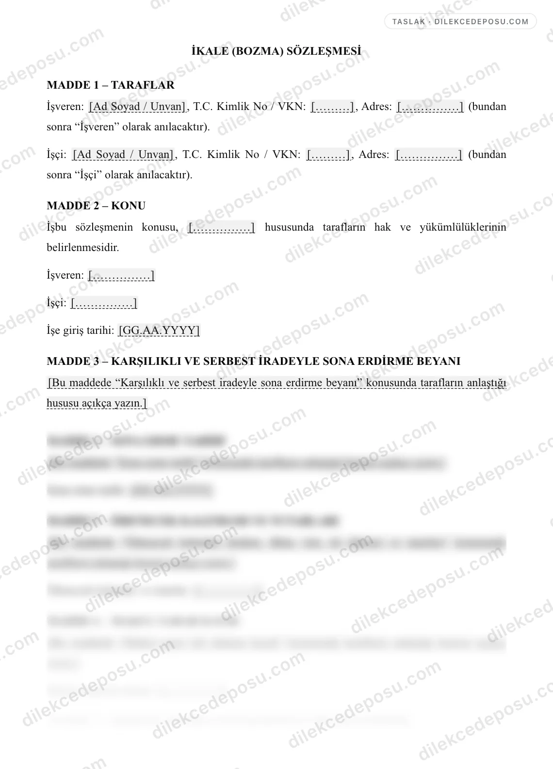 İkale (Bozma) Sözleşmesi Örneği – taslağın ilk bölümünün önizlemesi