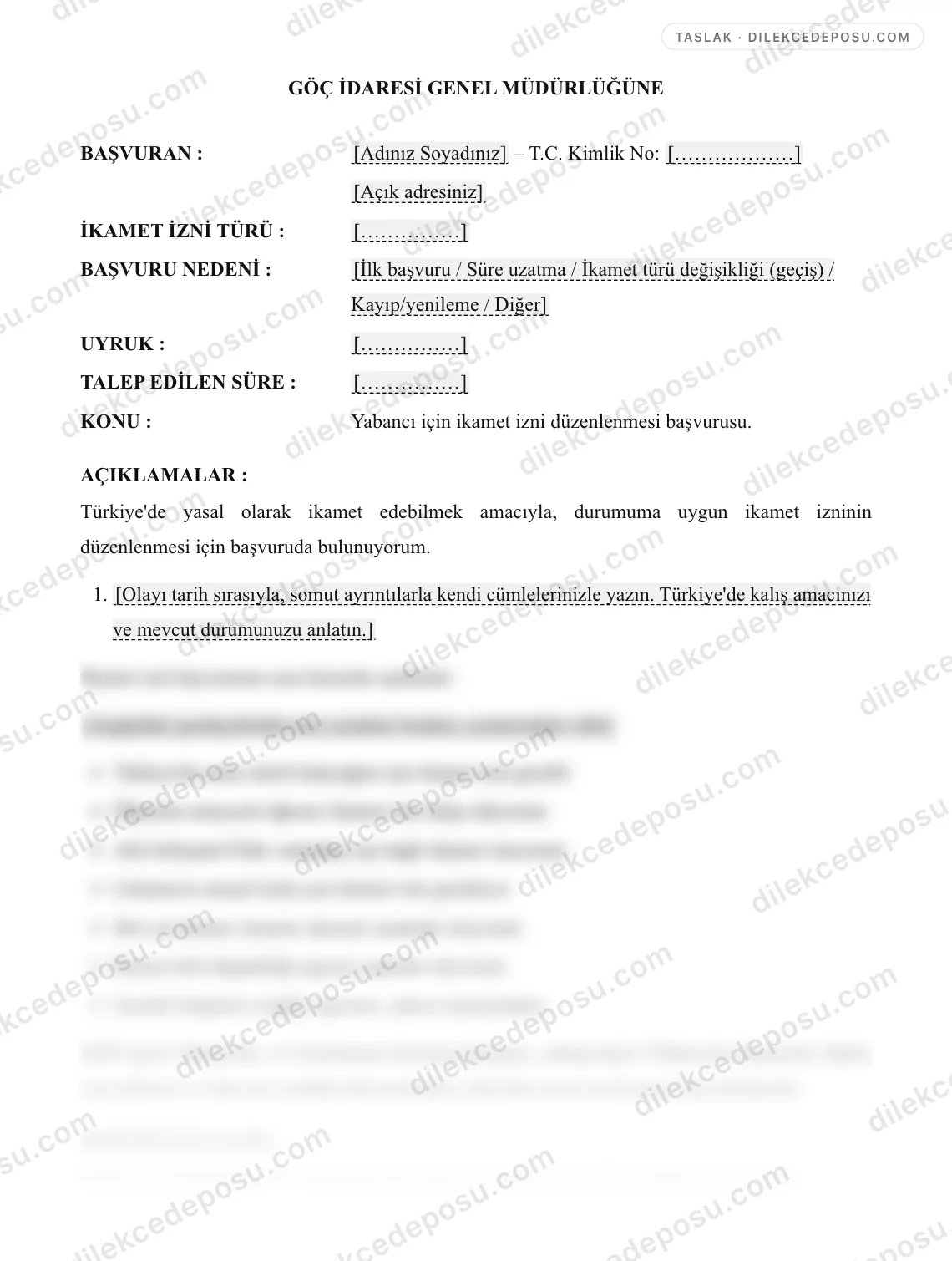 İkamet İzni Başvurusu (Yabancı) Örneği – taslağın ilk bölümünün önizlemesi