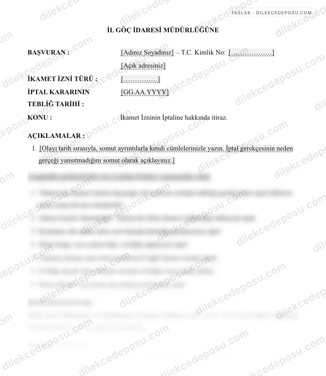 İkamet İzninin İptaline İtiraz Dilekçesi Örneği – taslağın ilk bölümünün önizlemesi