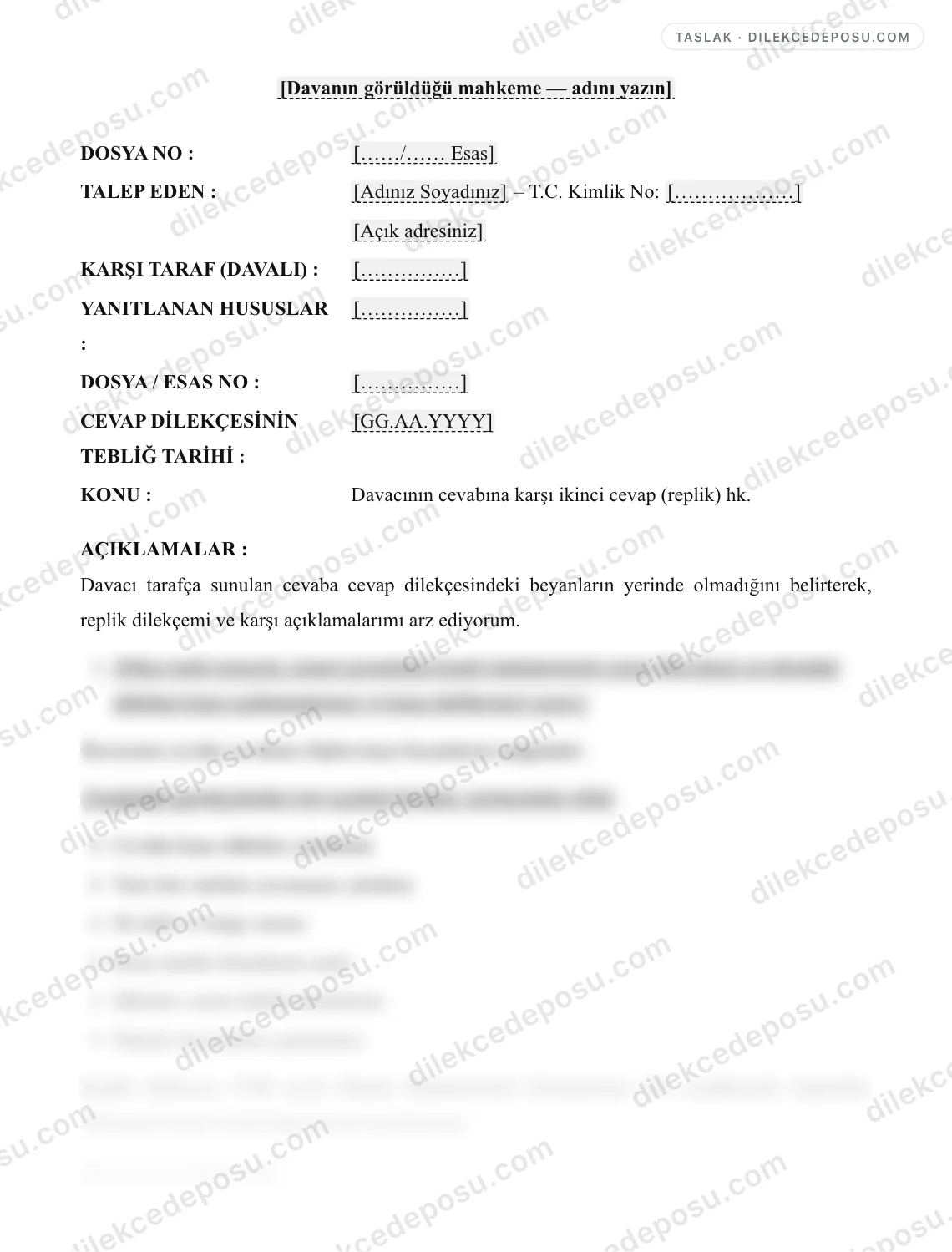 İkinci Cevap (Replik) Dilekçesi Örneği – taslağın ilk bölümünün önizlemesi