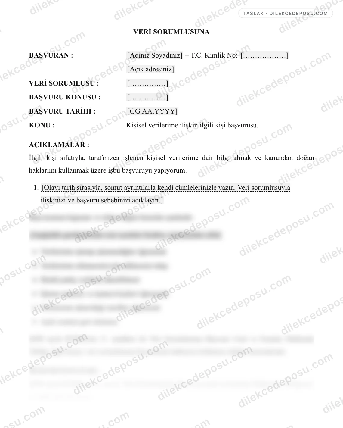 İlgili Kişi Başvurusu (Veri Sorumlusuna) Örneği – taslağın ilk bölümünün önizlemesi