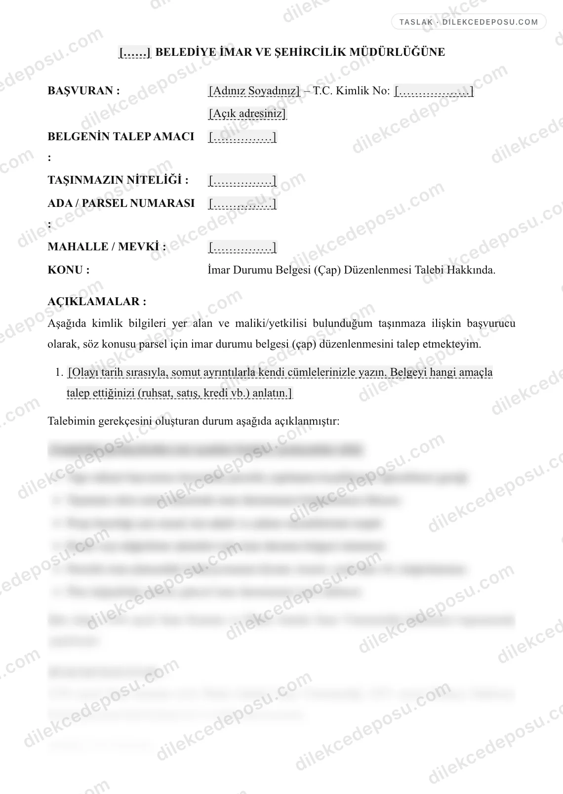 İmar Durumu Belgesi (Çap) Talep Dilekçesi Örneği – taslağın ilk bölümünün önizlemesi