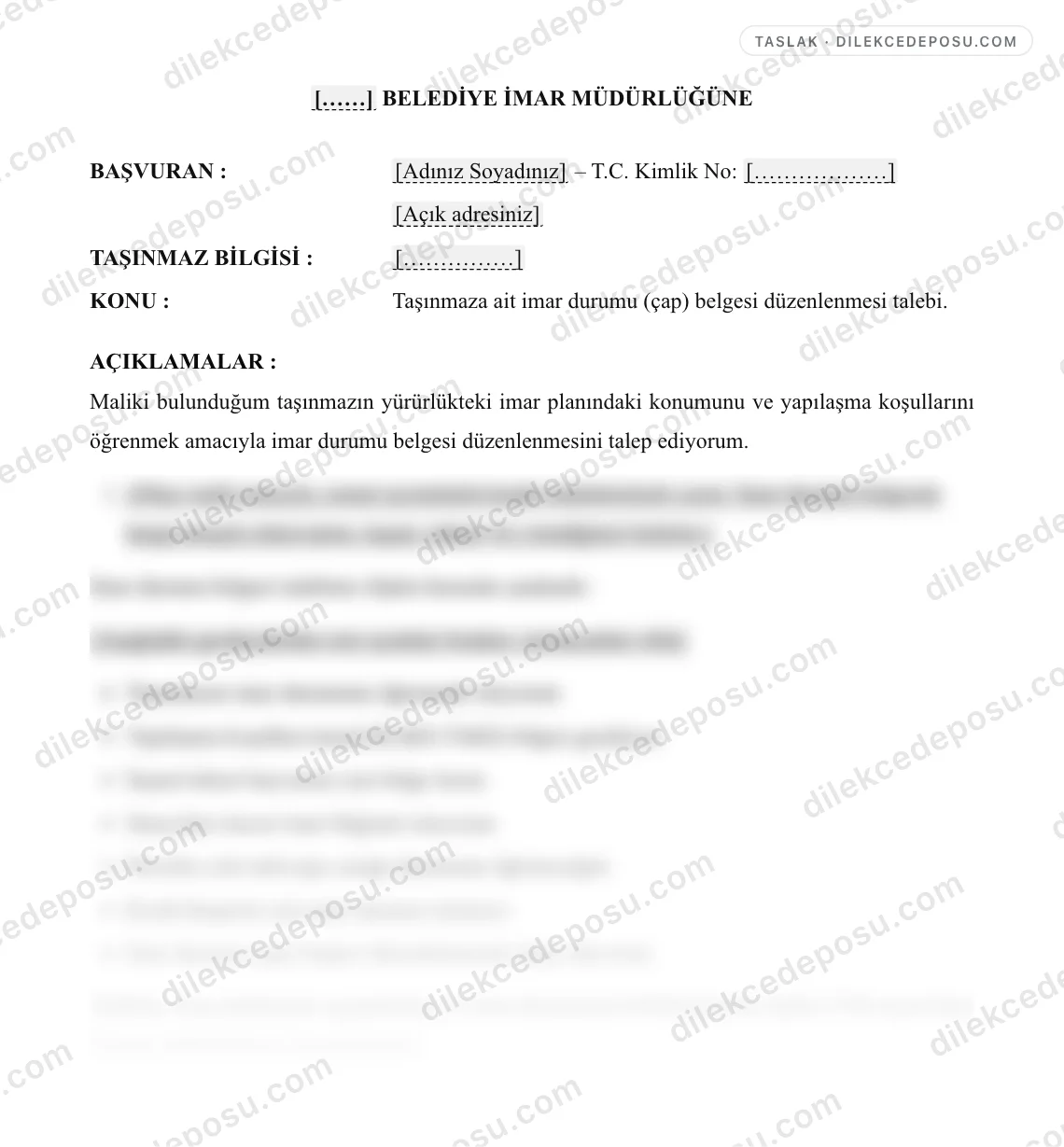 İmar Durumu Belgesi Talebi Örneği – taslağın ilk bölümünün önizlemesi