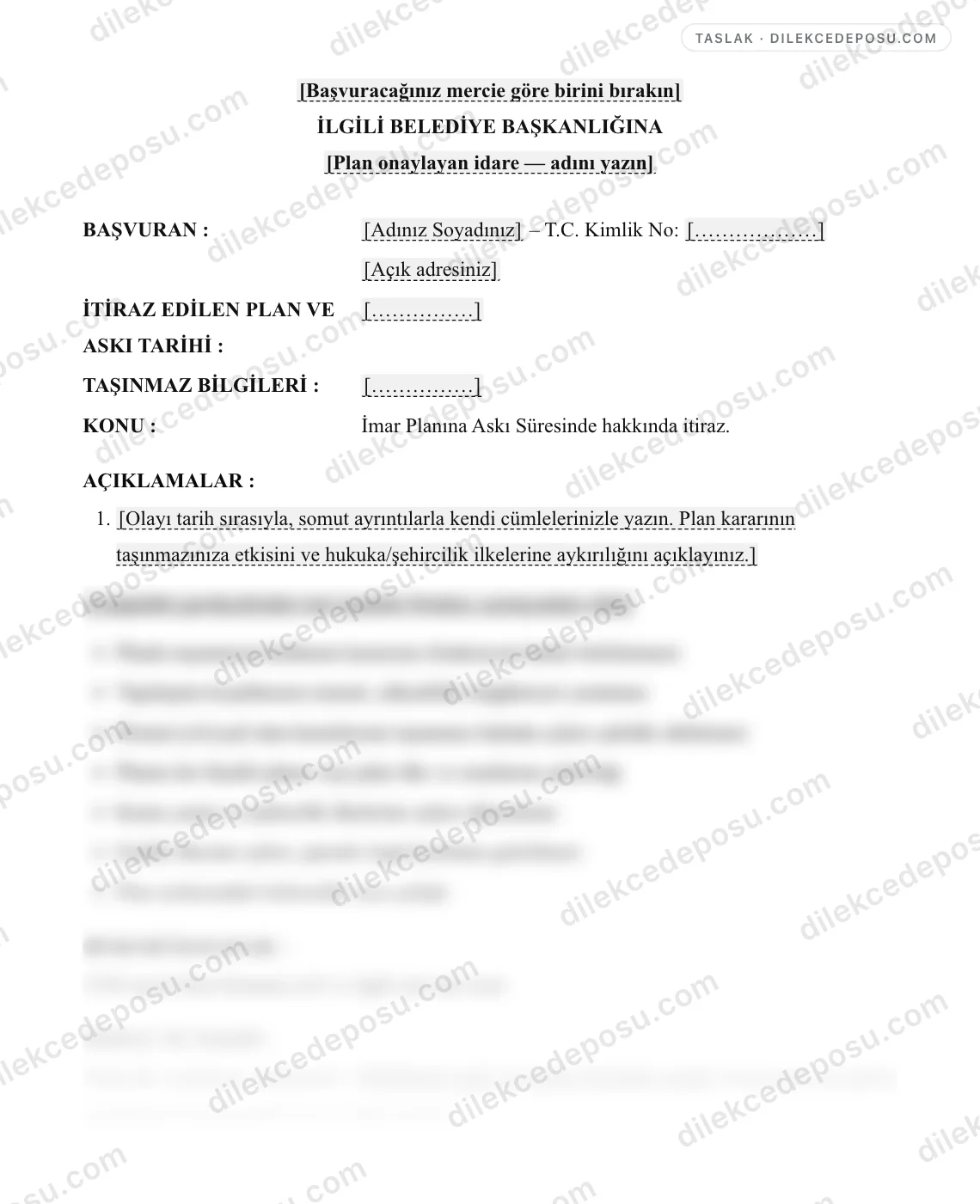İmar Planına Askı Süresinde İtiraz Dilekçesi (İdareye) Örneği – taslağın ilk bölümünün önizlemesi
