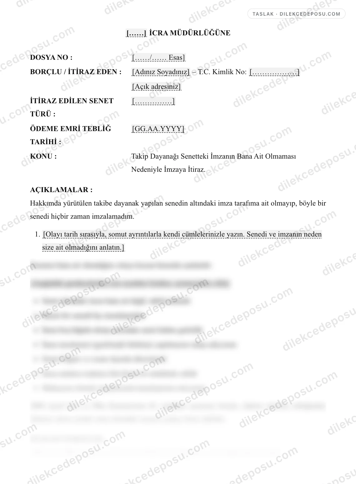 İmzaya İtiraz Dilekçesi Örneği – taslağın ilk bölümünün önizlemesi