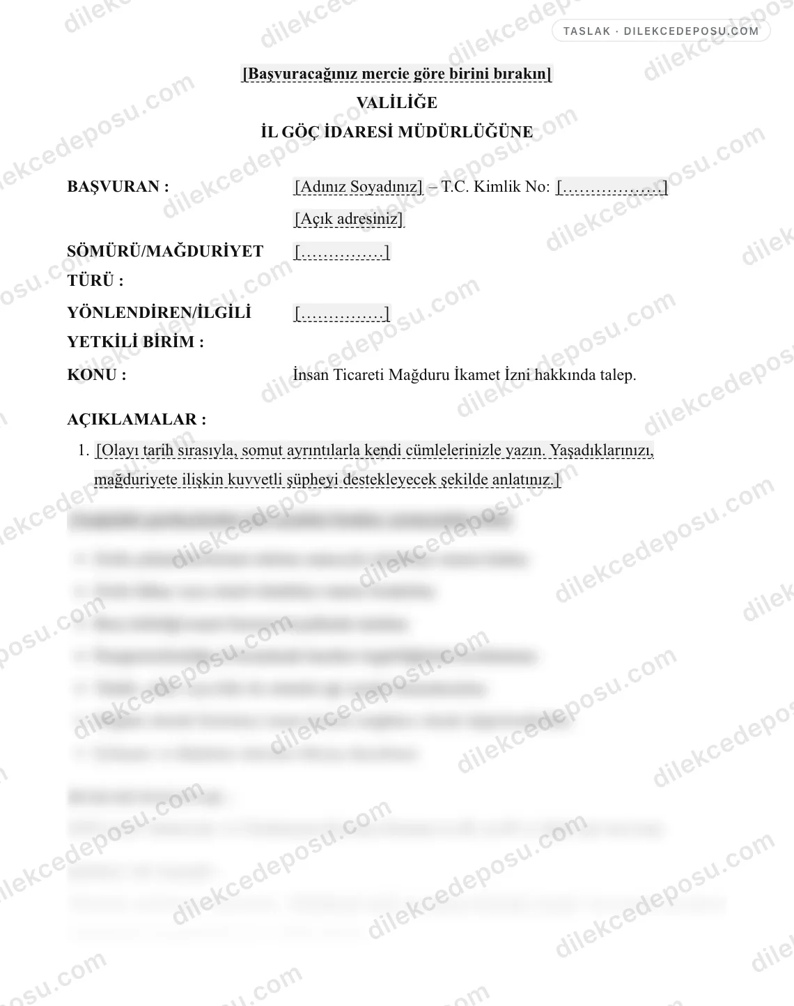 İnsan Ticareti Mağduru İkamet İzni Talep Dilekçesi Örneği – taslağın ilk bölümünün önizlemesi